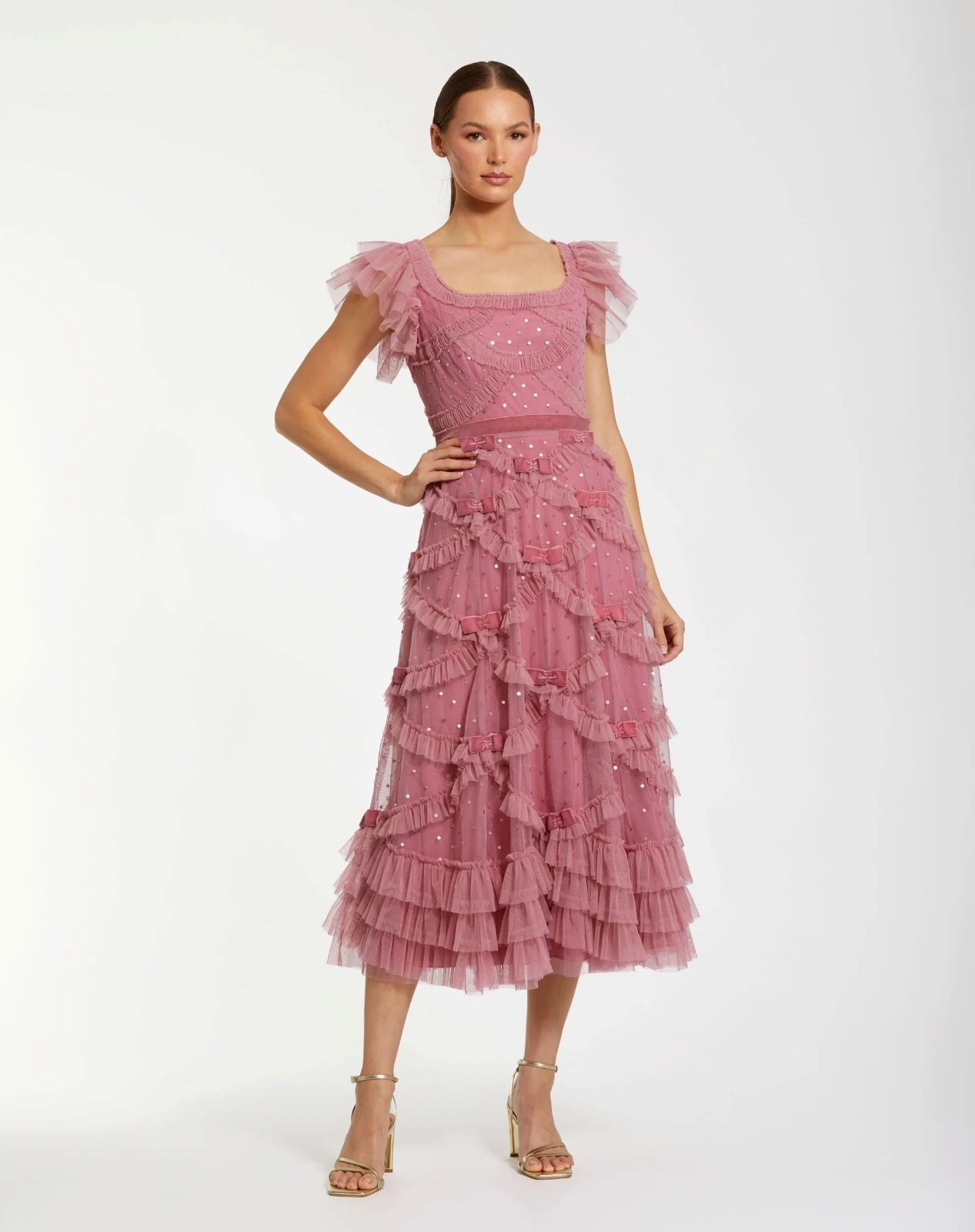 NWT Mac Duggal [ 4 ] 8272 Flutter Sleeve Lattice Bow Mesh Ruffle Mid Dress J2403