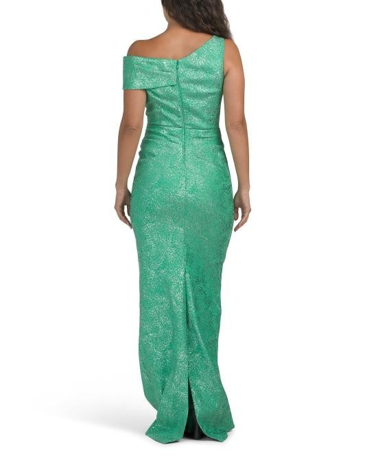 Teri Jon Women’s Metallic Stretch Jacquard Asymmetrical Shoulder Gown, 12,14,18