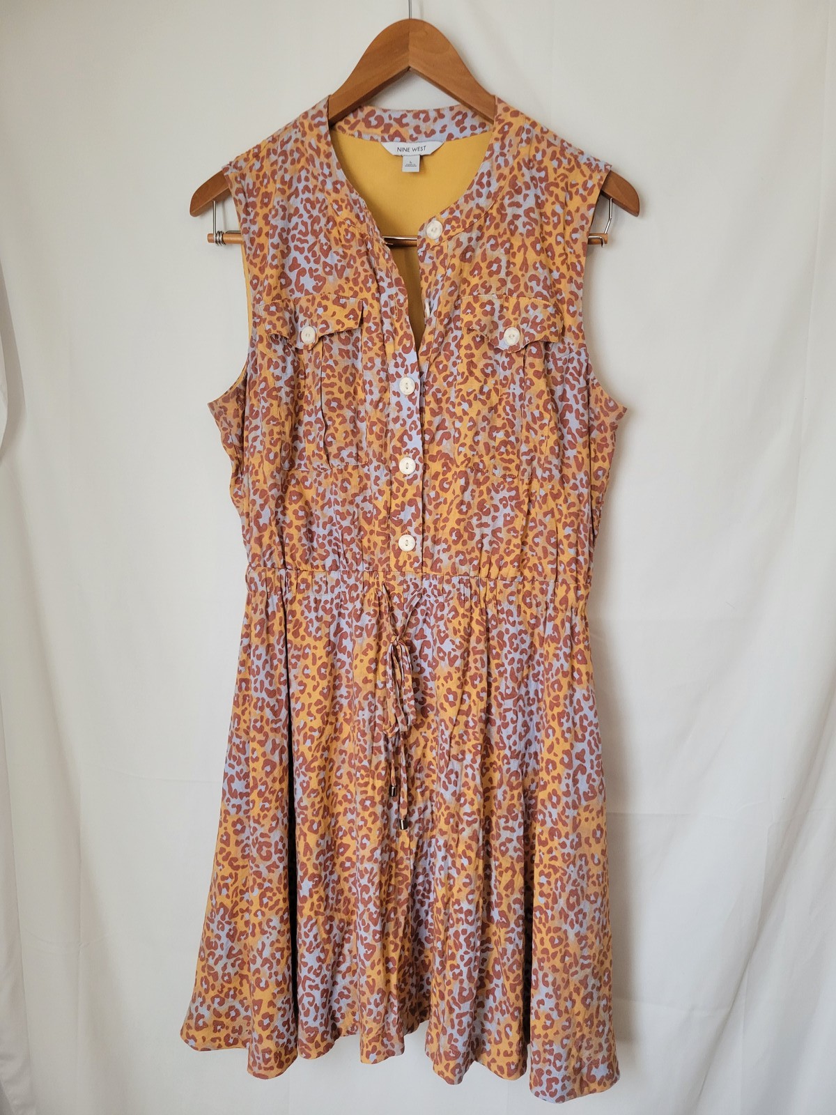 Nine West Women’s L Leopard Print Sleeveless Button Front Drawstring Dress