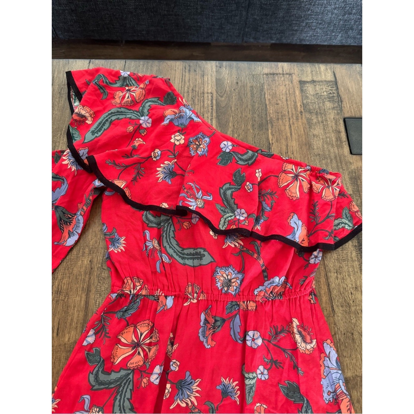 Love Sam Red Floral One Shoulder Asymmetrical Ruffle Dress XS Boho Viscose