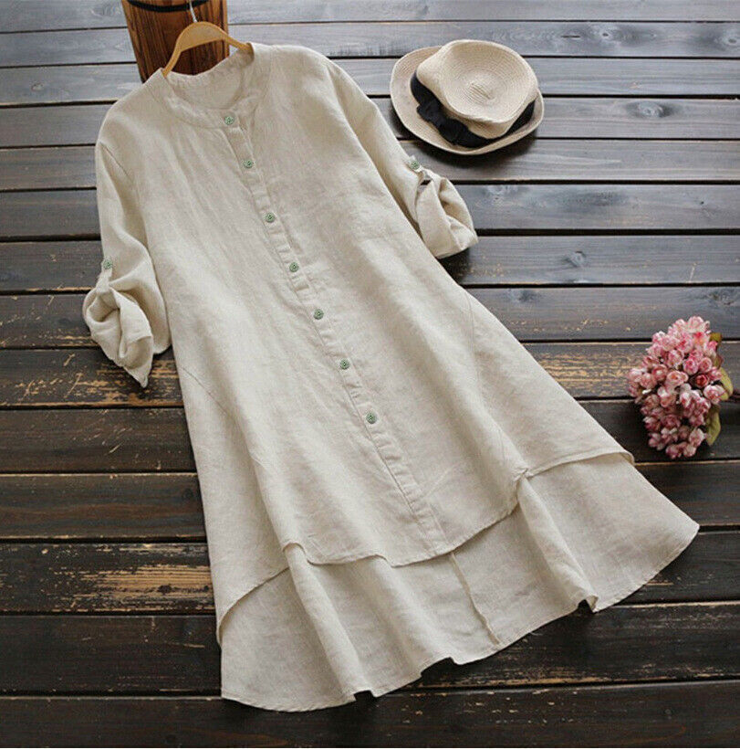 Womens Summer Loose Comfortable Long Skirt Cotton and Hemp Long-Sleeved Dress