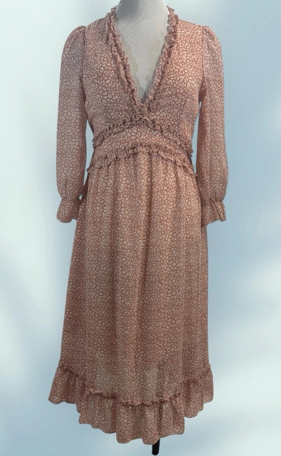 NEW Pretty C+D+M Pink Sheer Overlay Boho Prairie Ruffle Long Sleeve Sundress MED
