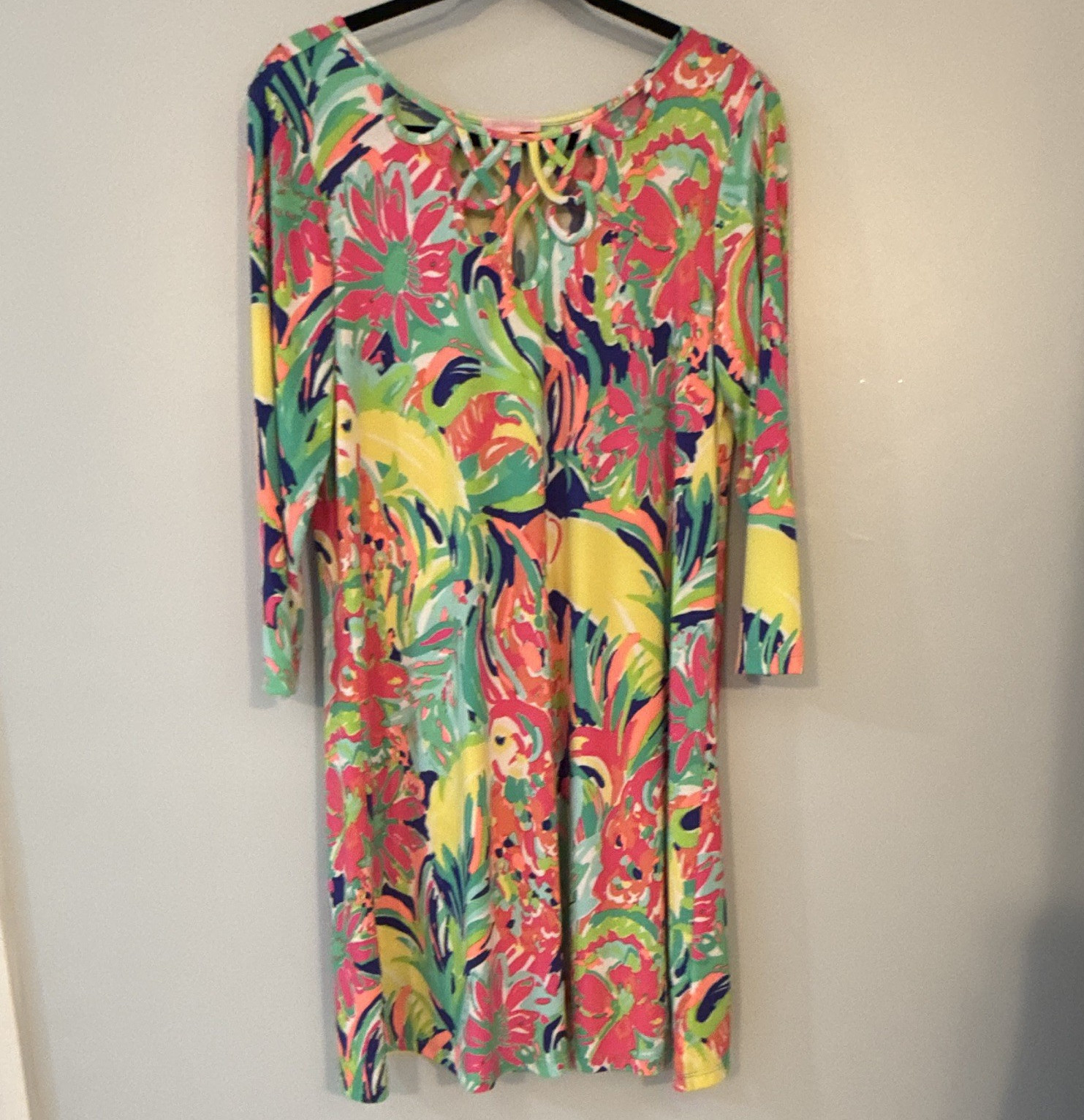 Lilly Pulitzer Women’s L Knee Shift Dress Multicolor Floral 3/4 Sleeve Cutout