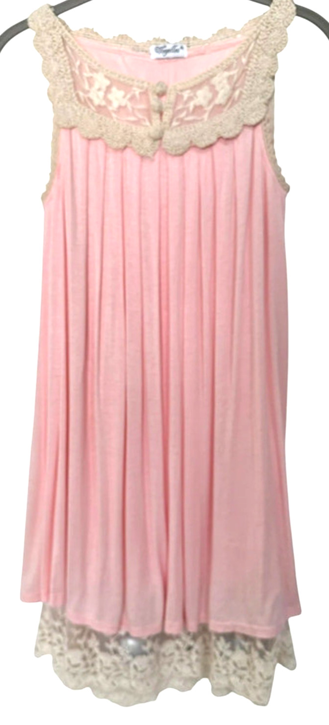 Voyelles Baby Doll Dress Pink with Ivory Crochet Lace Trim Womens Sz M Lined