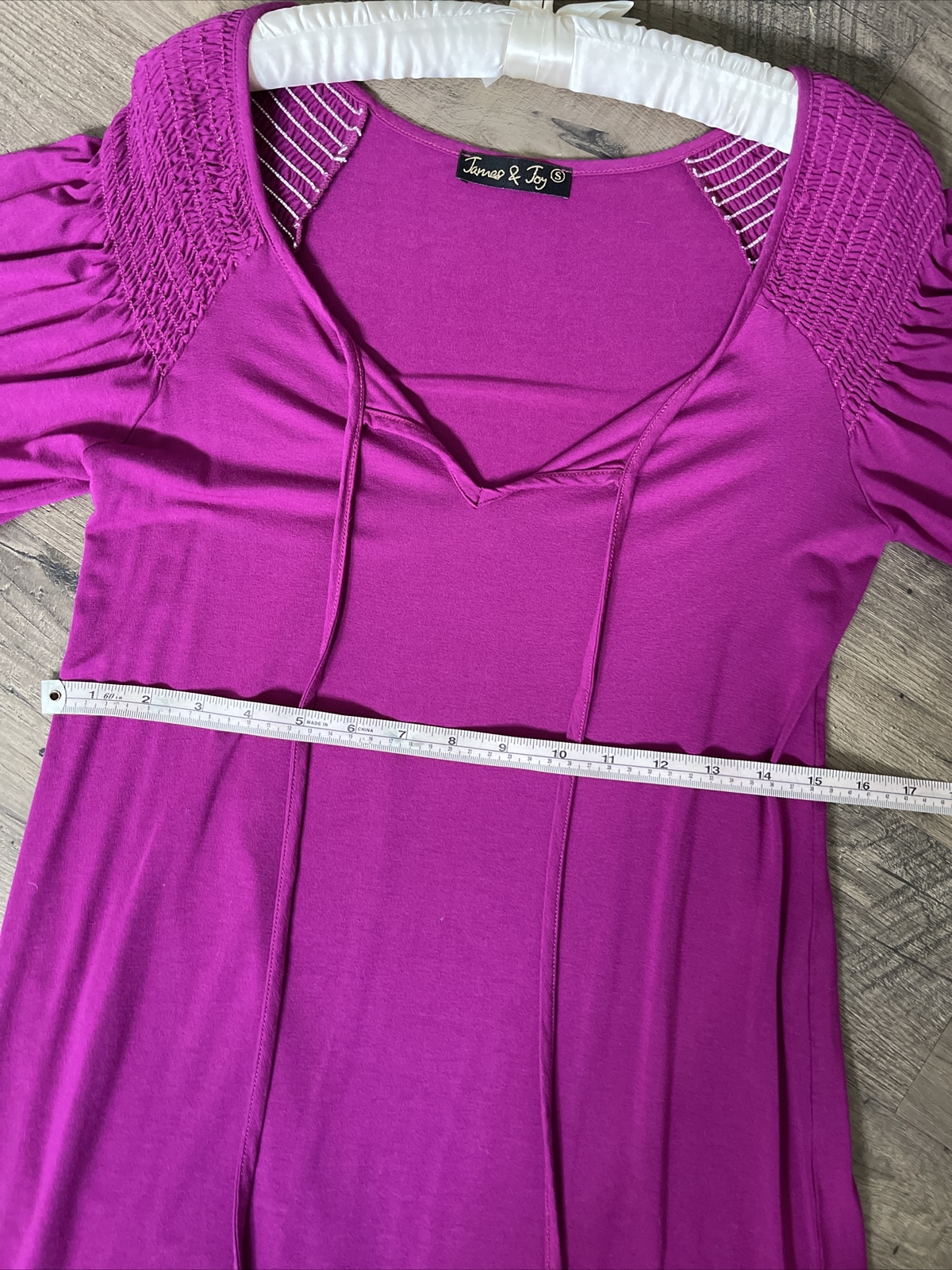 Small Peasant Dress 3/4 Bell Sleeve Empire Waist Gathered Scoop Tie Fuchsia Pink
