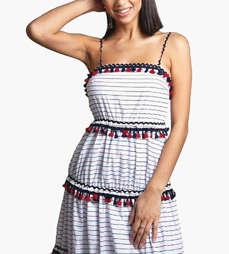 New L’ATISTE Boho Tiered White Blue Red Cotton Maxi Dress Size Medium or Large