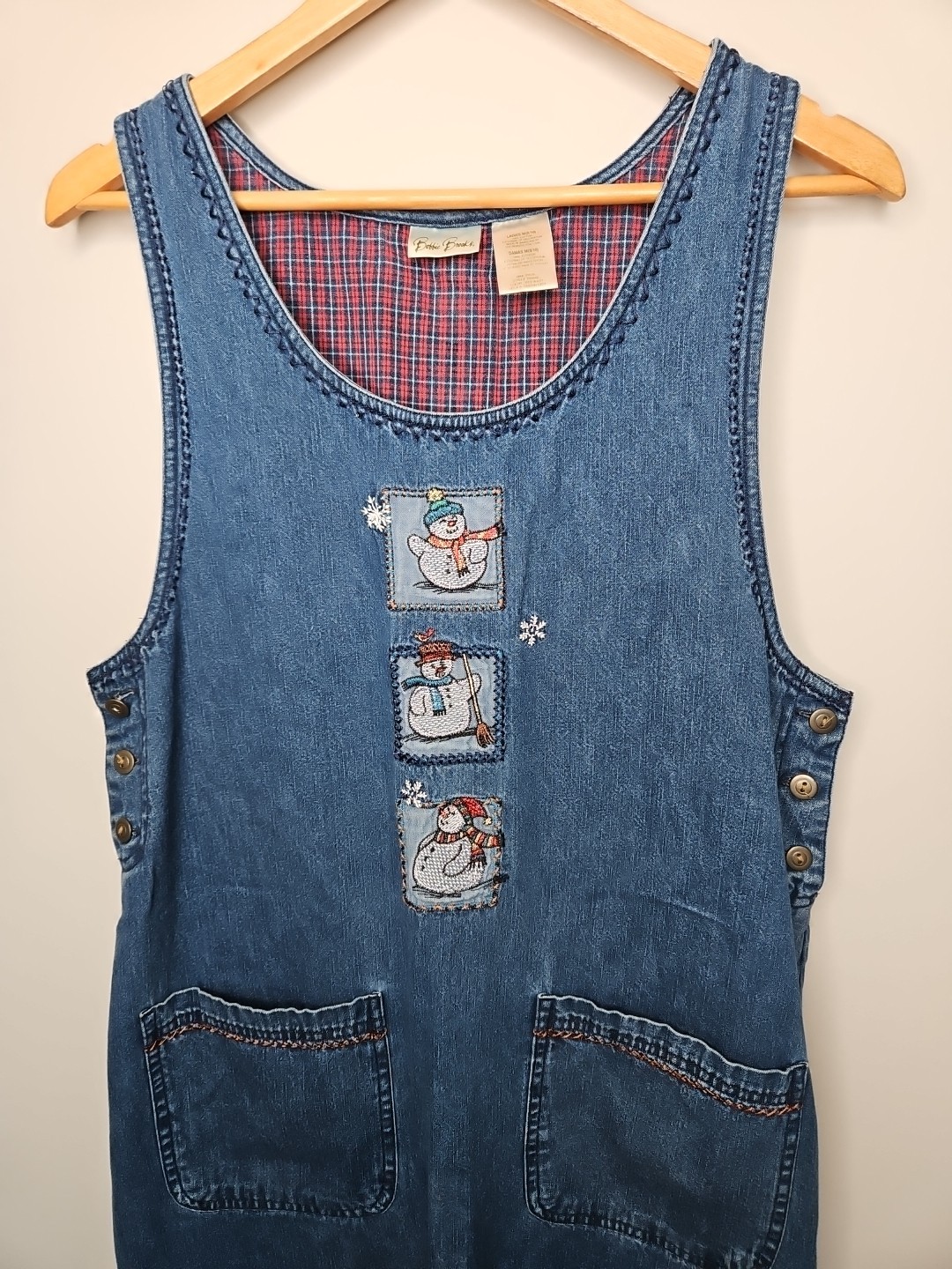 Bobble Brooks Blue Jumper Dress M Snowman Embroidered Button Granniecore Modest