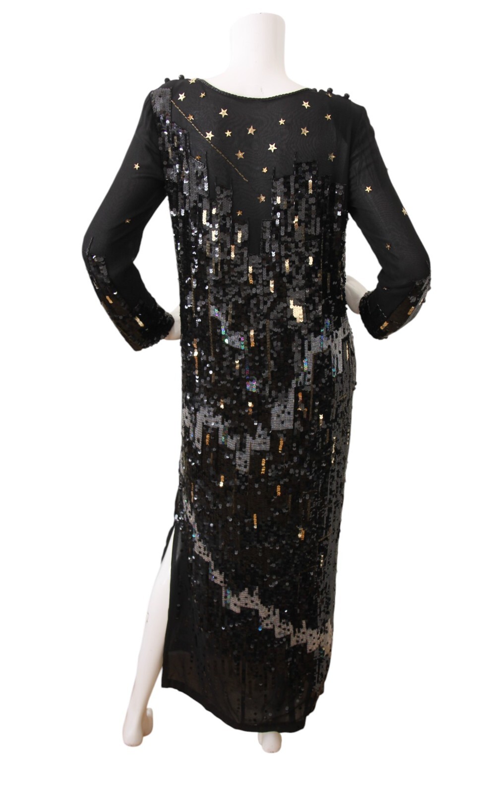 Vintage Tadashi Dress Sequin Beaded Silk Skyline Star Applique Gown Size 8 RARE