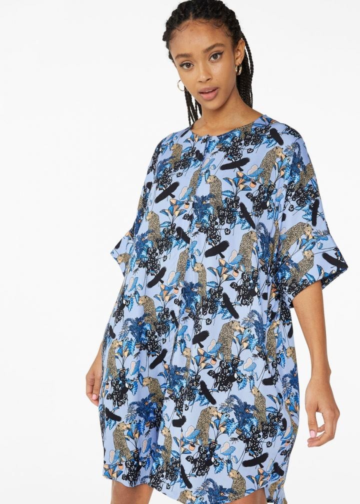 MONKI Tunic Blue Dress XS UK10 Short Sleeve Shirt Dress Tiger Animals E4025
