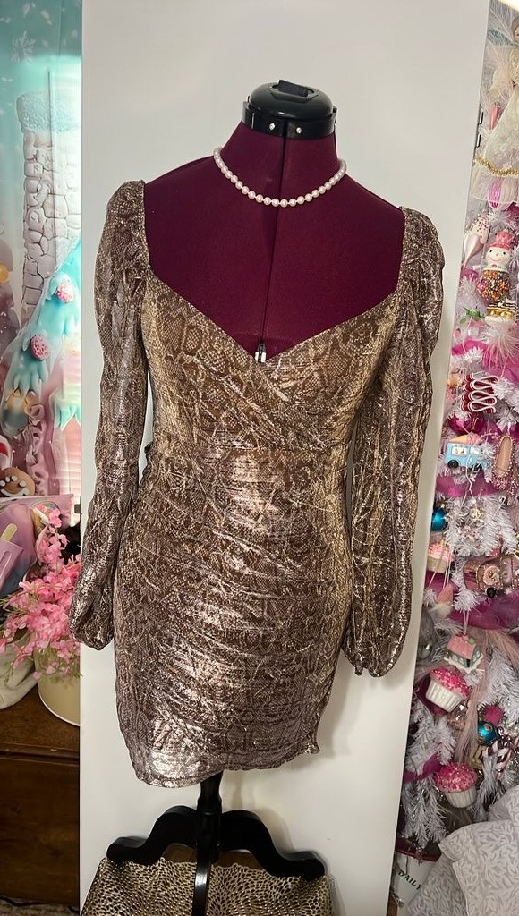 Fiestar Snakeskin Metallic Mini Dress Womens Large Bronze Good Puff Sleeve Glam