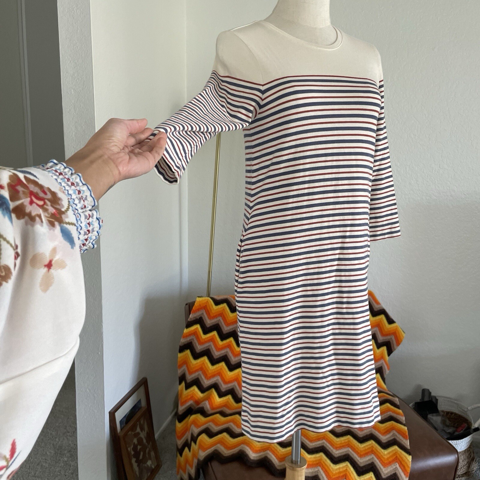 Marine Layer April Stripes Pocket Mini Shirt Dress XS Cream Blue Red