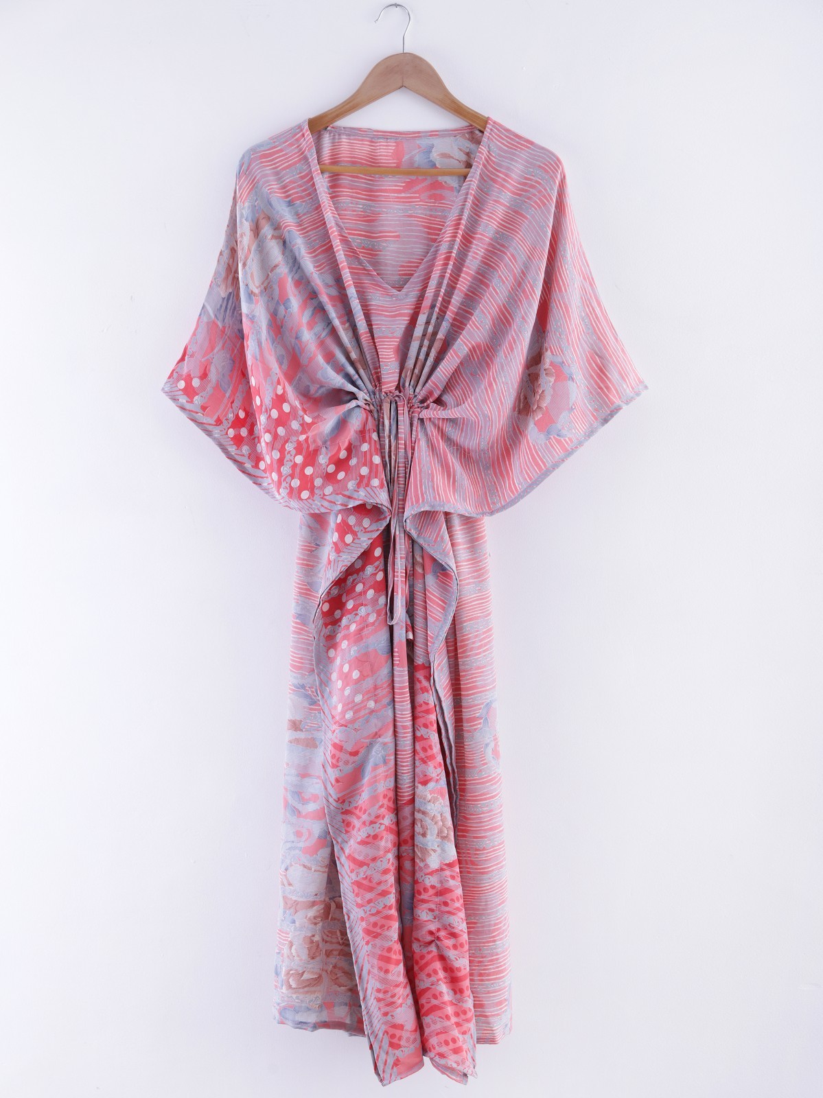 Vintage Crepe Silk Kaftan Dress Boho Kimono Tunic Loungewear Resort Wear Maxi