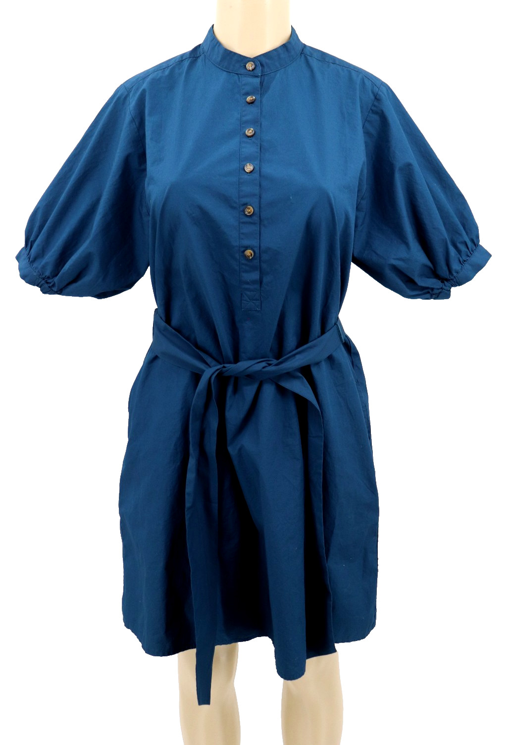 Ann Taylor Weekend Collection Stand Collar Belt Dress Sz Small Blue Pockets New