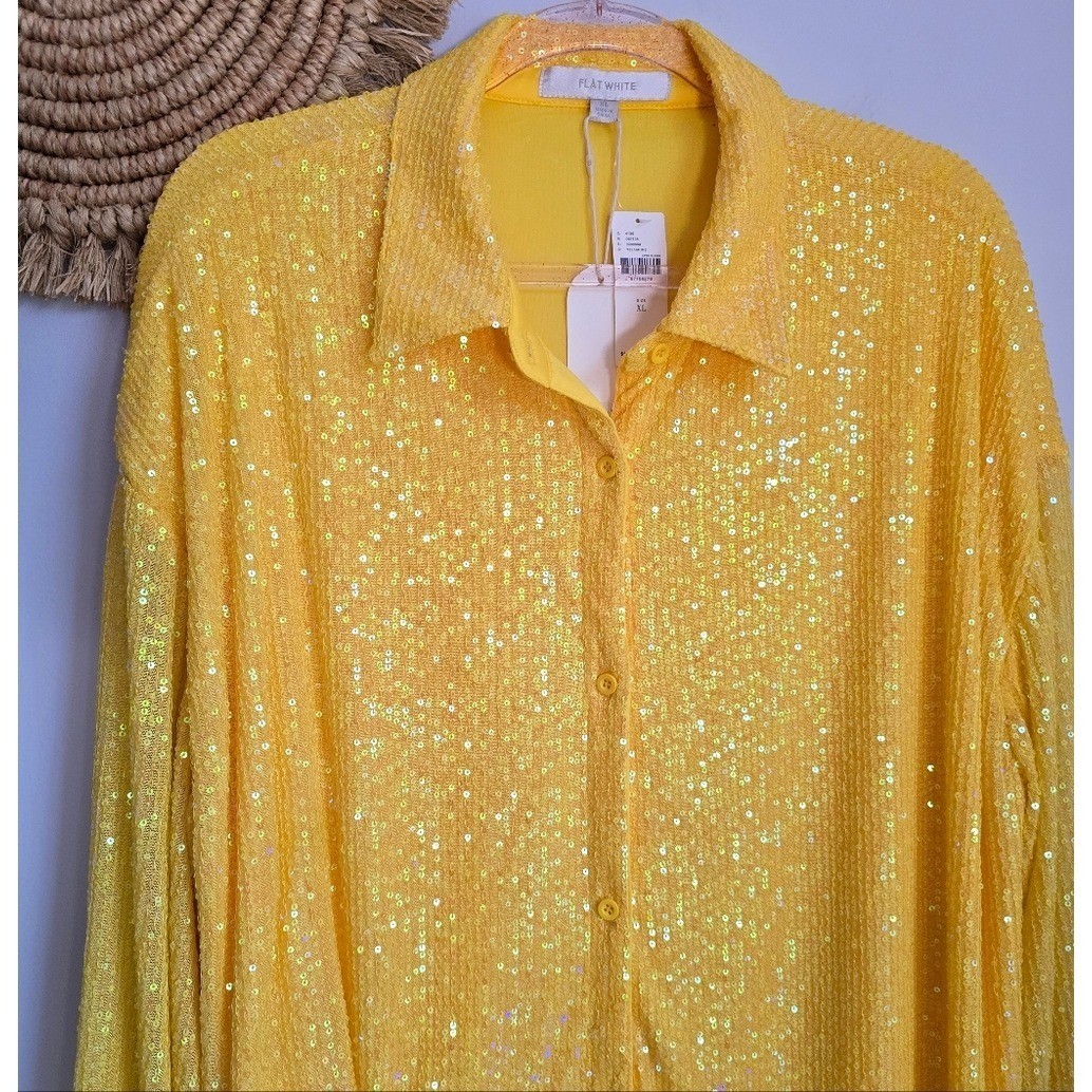 Anthropologie NEW Flat White Yellow Sequin Tunic Shirt Dress SZ XL Eras Tour