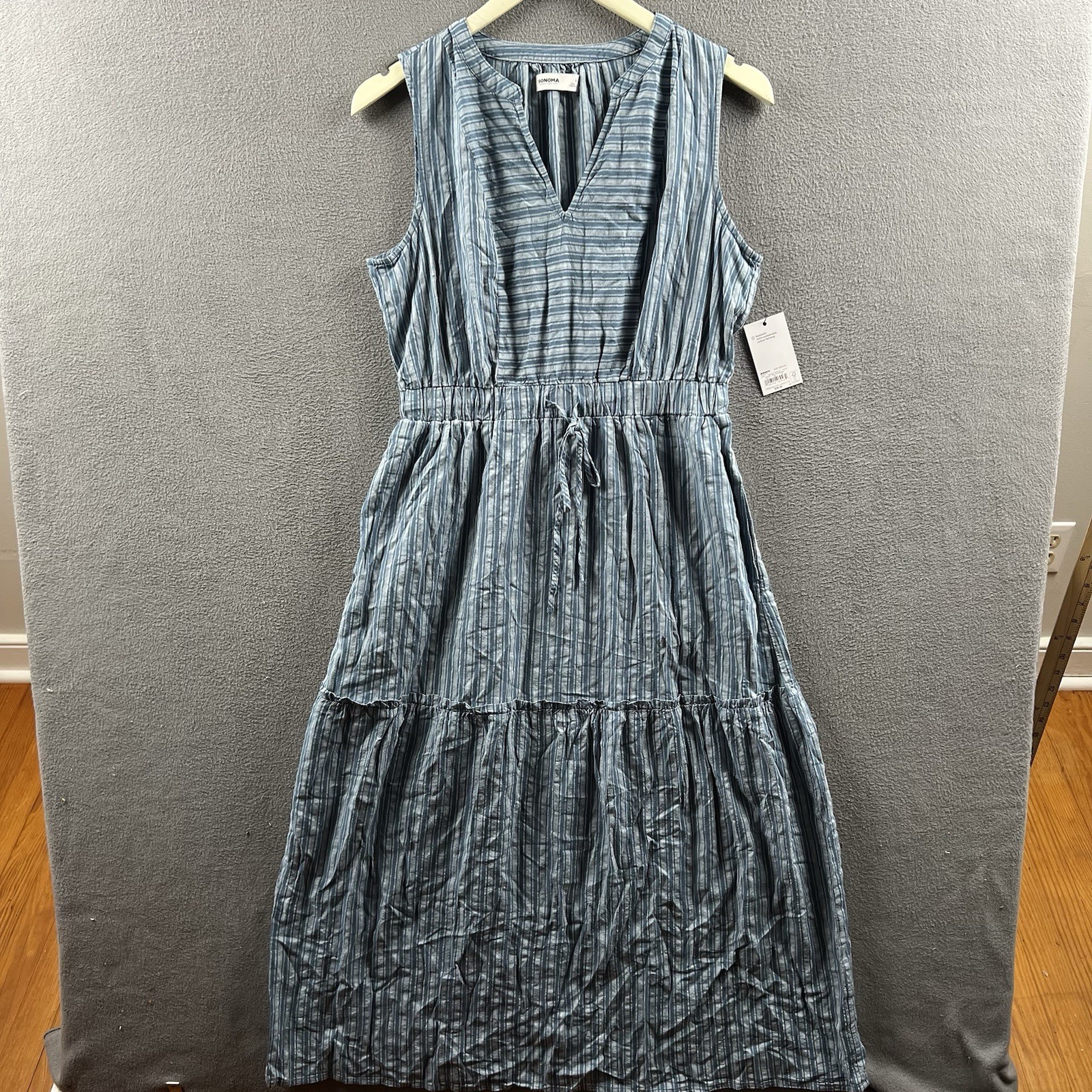 Sonoma Tiered Midi Shirt Dress Medium Blue Tie Sleeveless Pockets Boho NEW