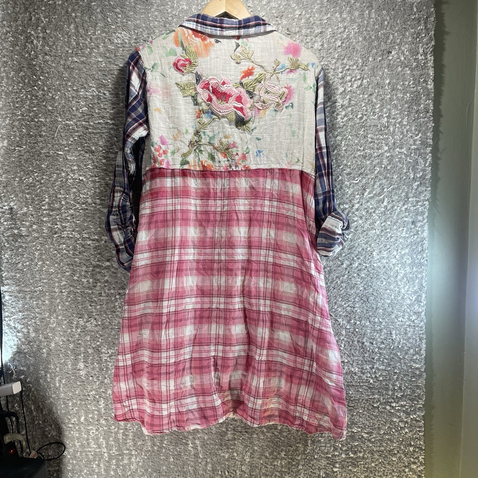 Philosphy Floral Embroidered Plaid Dress Roll Tab Sleeve M Cowgirl Festival