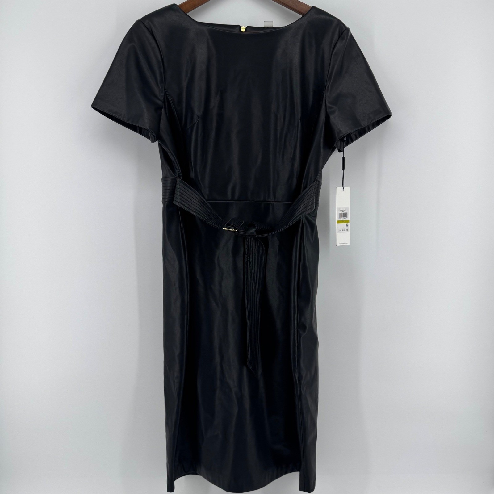 New Calvin Klein Black Faux Leather Sheath Dress With Gold Belt Size 14 Slit