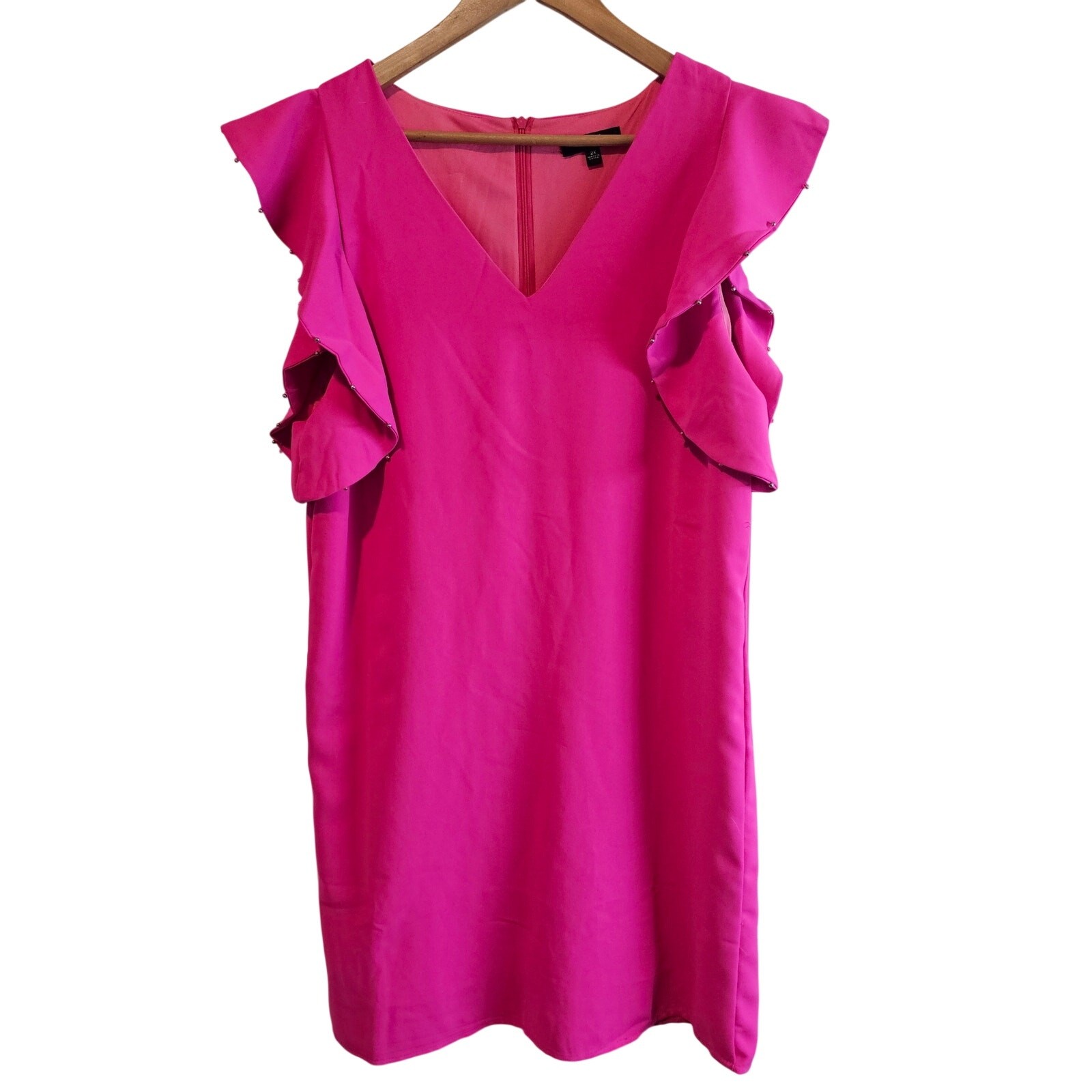 Very J Dress Womens 2X Bright Pink Ruffle Sleeve Coquette Glam Evening Business