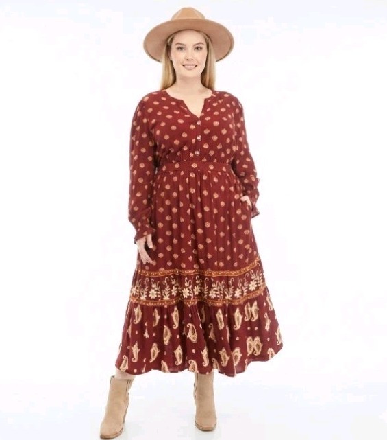 Wonderly Long Sleeve Peasant Boho Tiered Dress Long Sleeve Pockets L Maroon