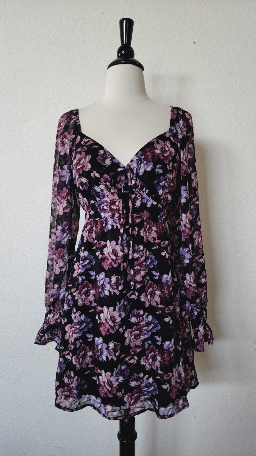New Dress Size Small Floral Black Purple Chiffon Wedding Boho Retro