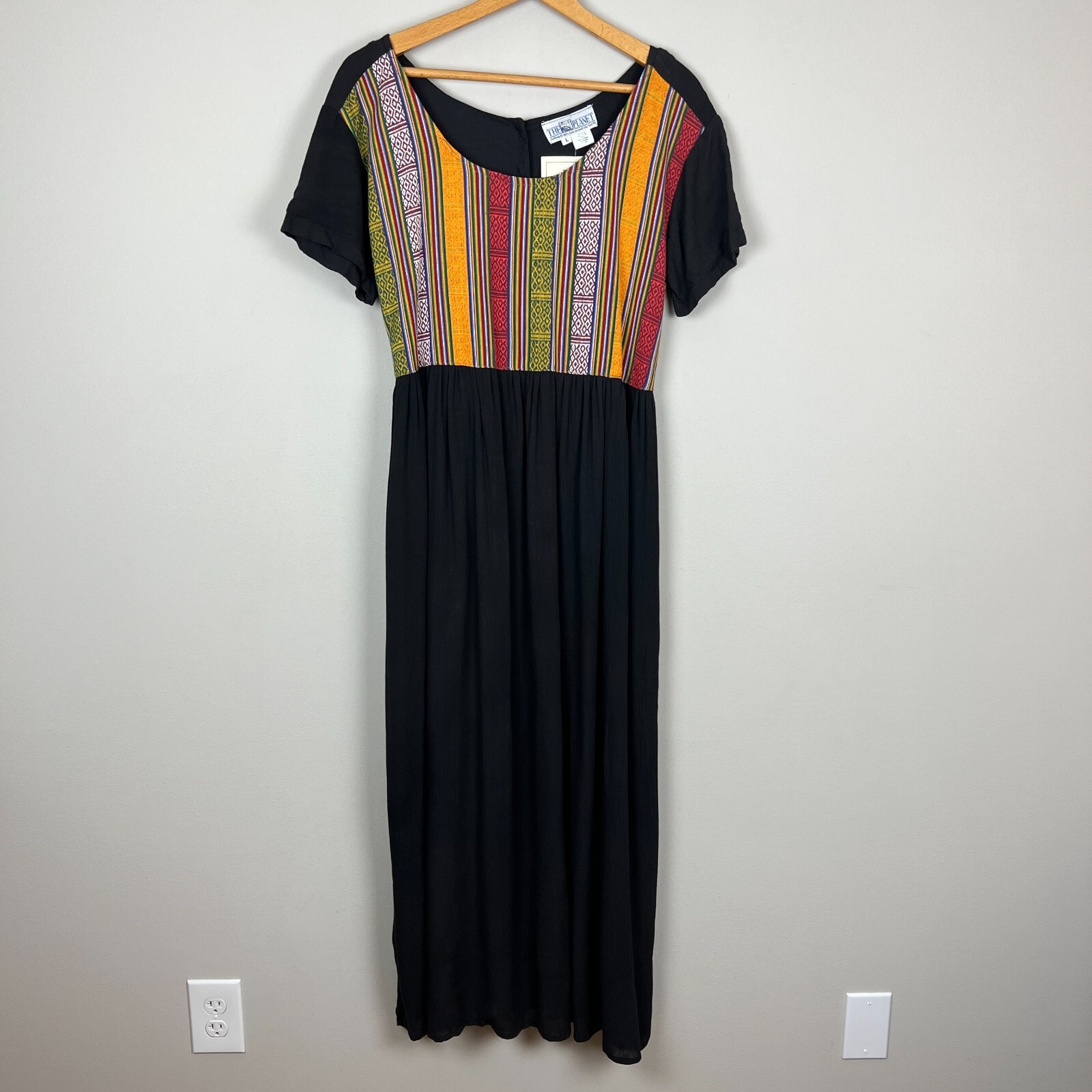 The Planet Maxi Dress Large Black Multicolor Nepal Gauze Peasant Hippie Boho New