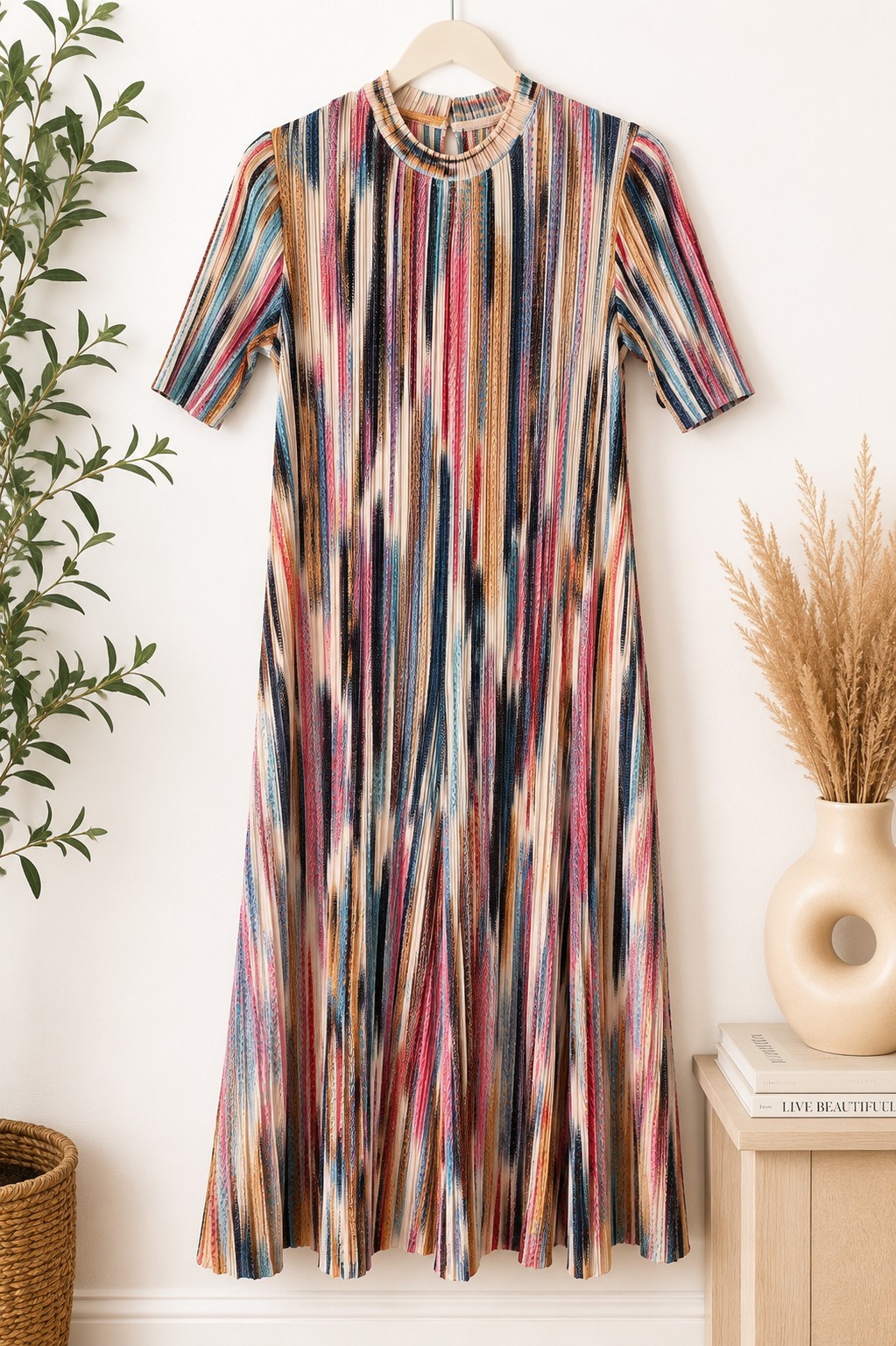 Kelly Obi New York Pleated Midi Dress Multicolor Stripe Mock Neck Stretch