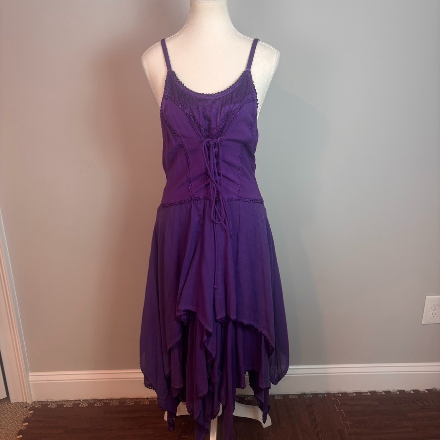 Sakkas Womens Purple Corset Bodice Hankerchief Hem Boho Fairy Midi Dress OSFM