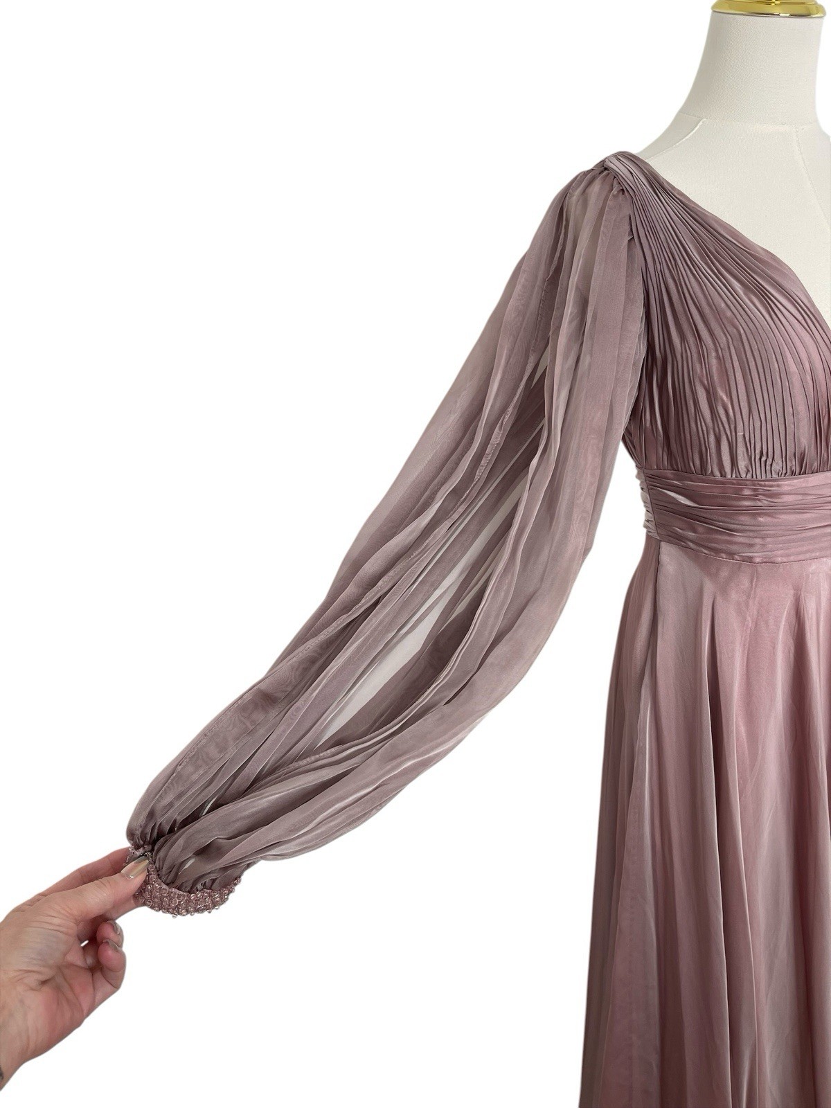 Mac Duggal 67414 Mocha Chiffon Gown Cutaway Sleeve Beaded Cuff Size 8 $598