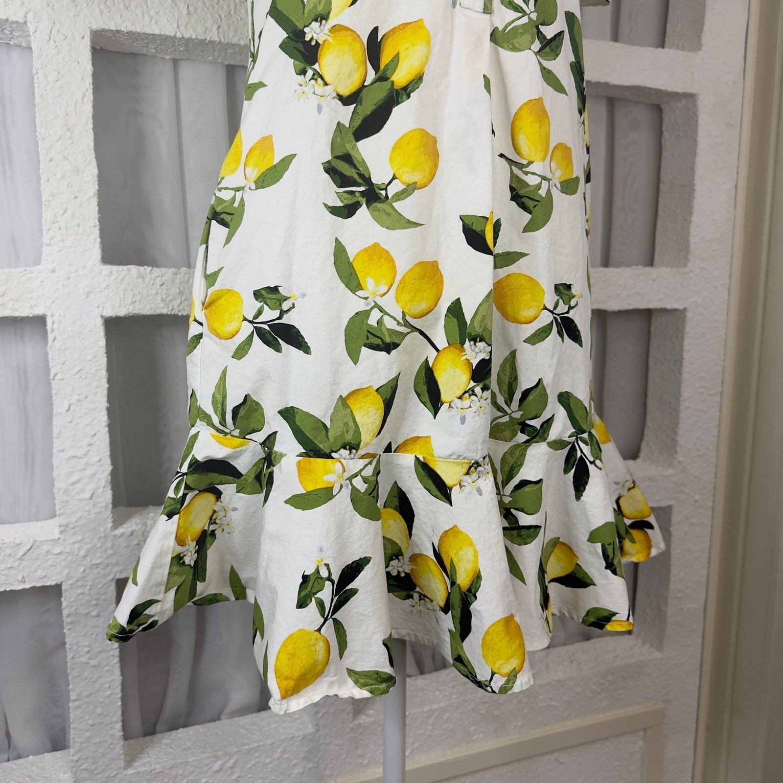 Cynthia Rowley Lemon Print Ruffle Hem Shirt Dress White Yellow Mini Small