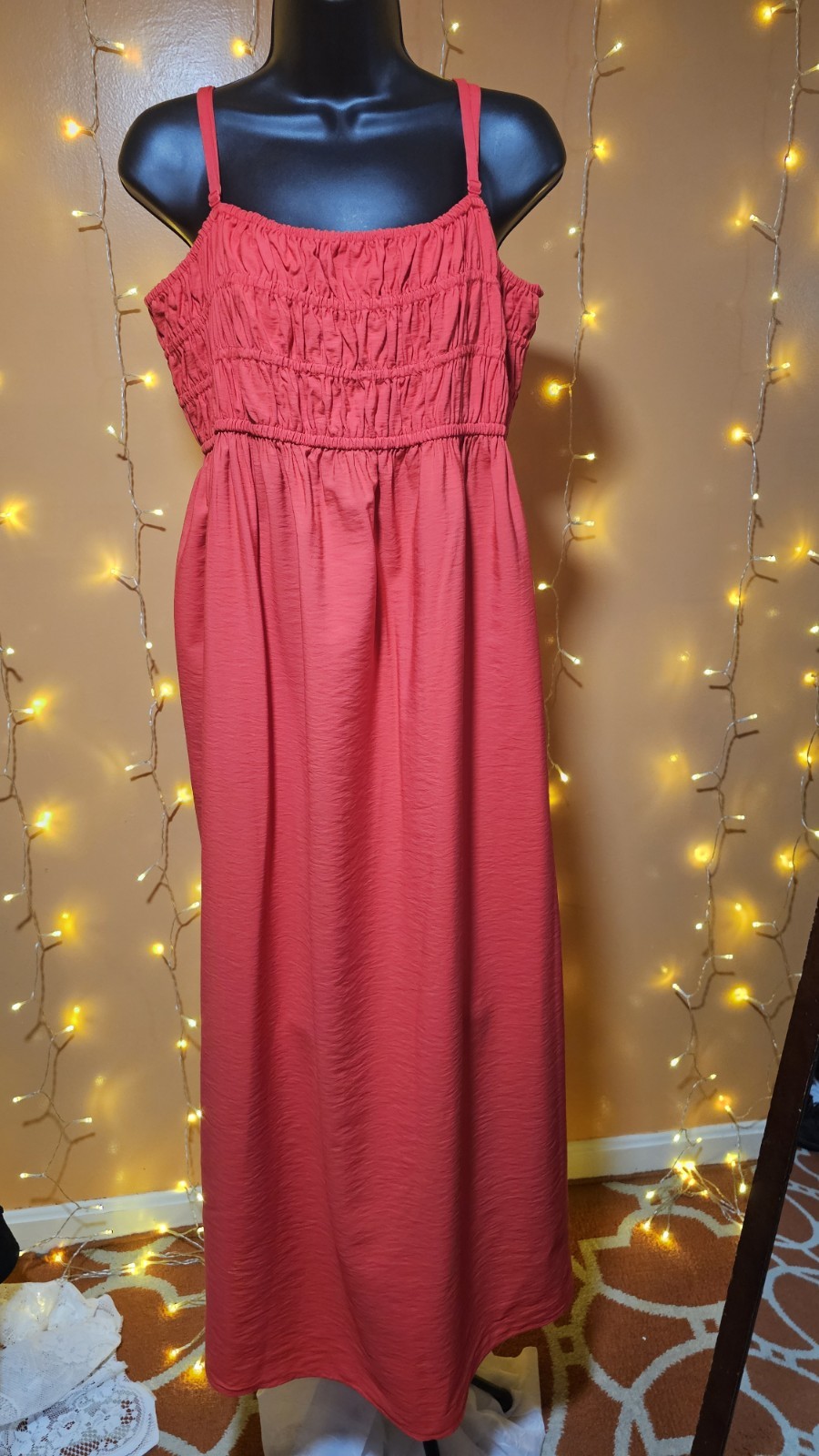 XOXO Women’s Red Smocked Square Neck Strappy Maxi Dress, Rayon/Nylon, L