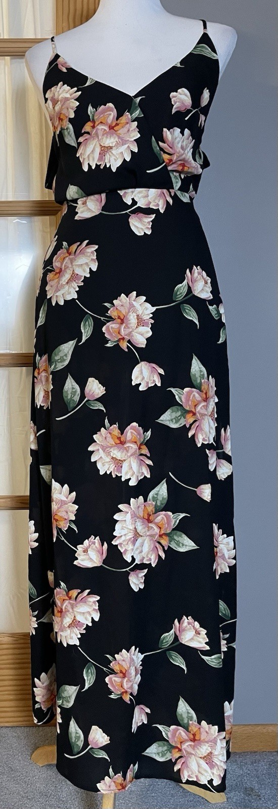 Lush Floral Maxi Slip Dress XS Black Pink V Cut Out Cottagecore Clubwear Boho