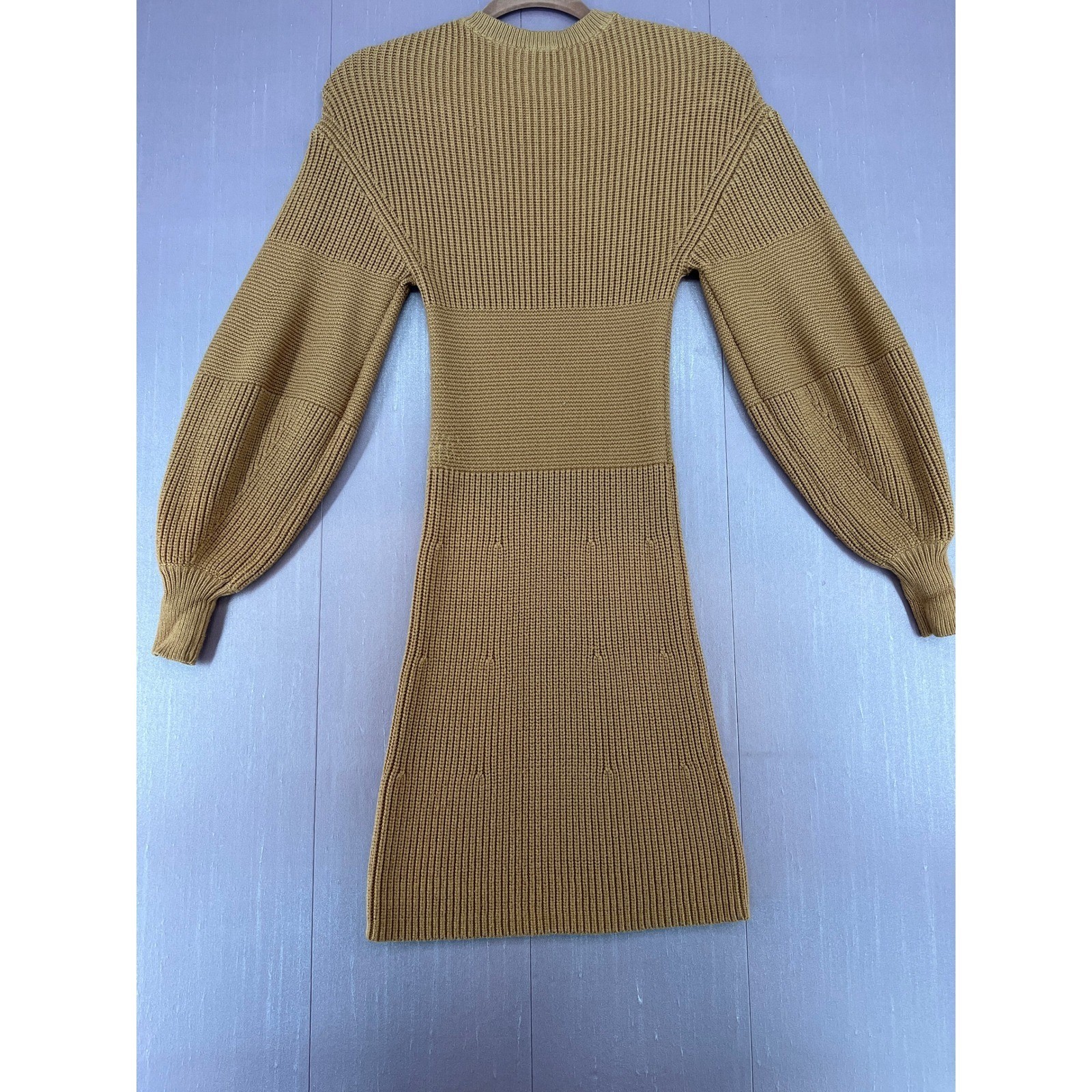 Staud Marleybone Neutral Camel Ribbed Knit Balloon Sleeve Mini Sweater Dress XS
