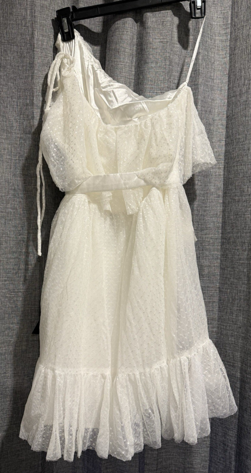 Lulus White Adorable Event Swiss Dot Mesh One Shoulder Mini double lined Dress L