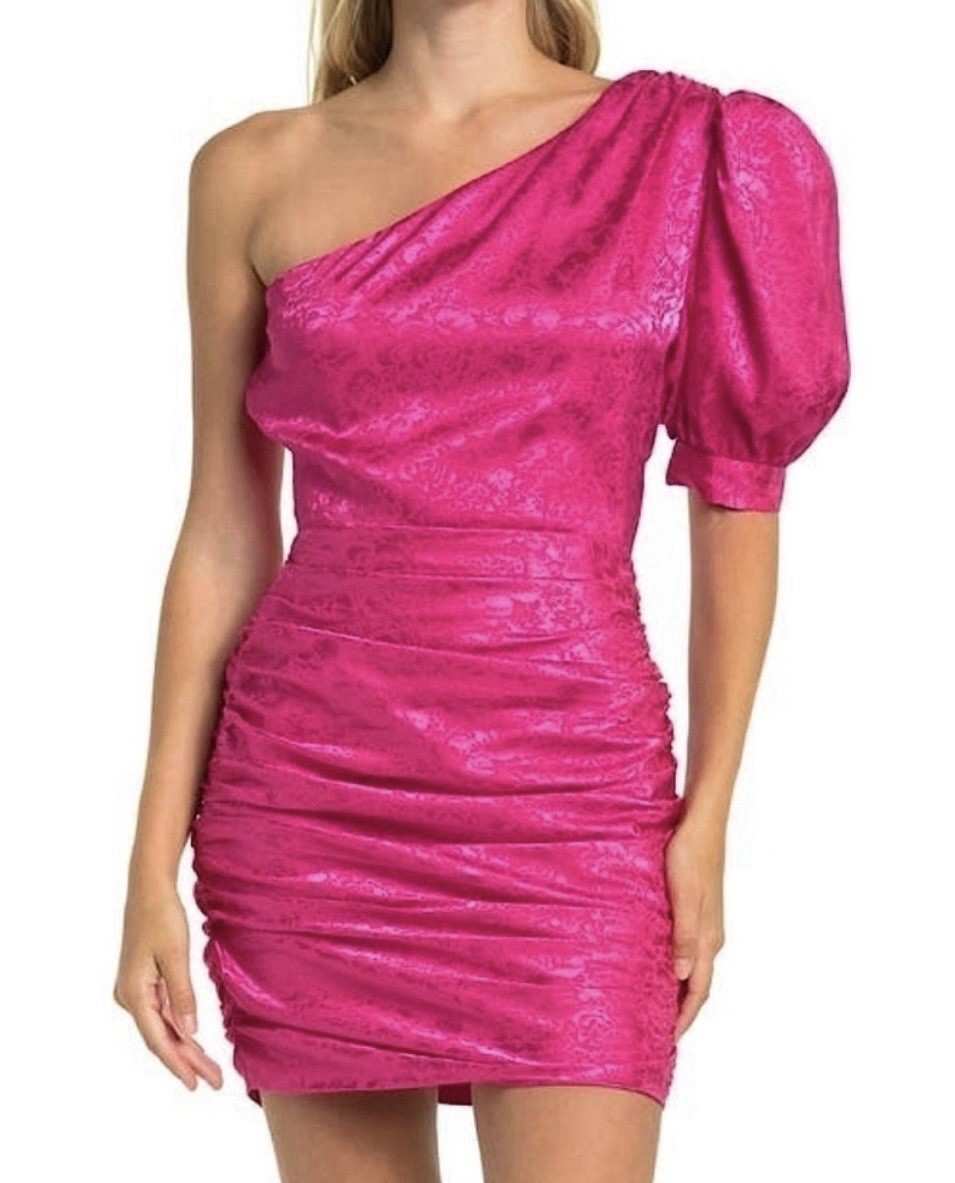 Ronny Kobo Nadia Ruched One Shoulder Barbie Pink Mini Dress Size Medium NWT