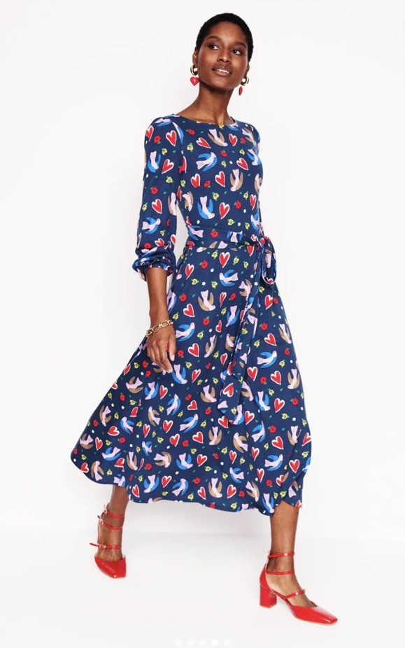 Boden Leandra blue dove heart print jersey midi Dress Size 10 RRP £105