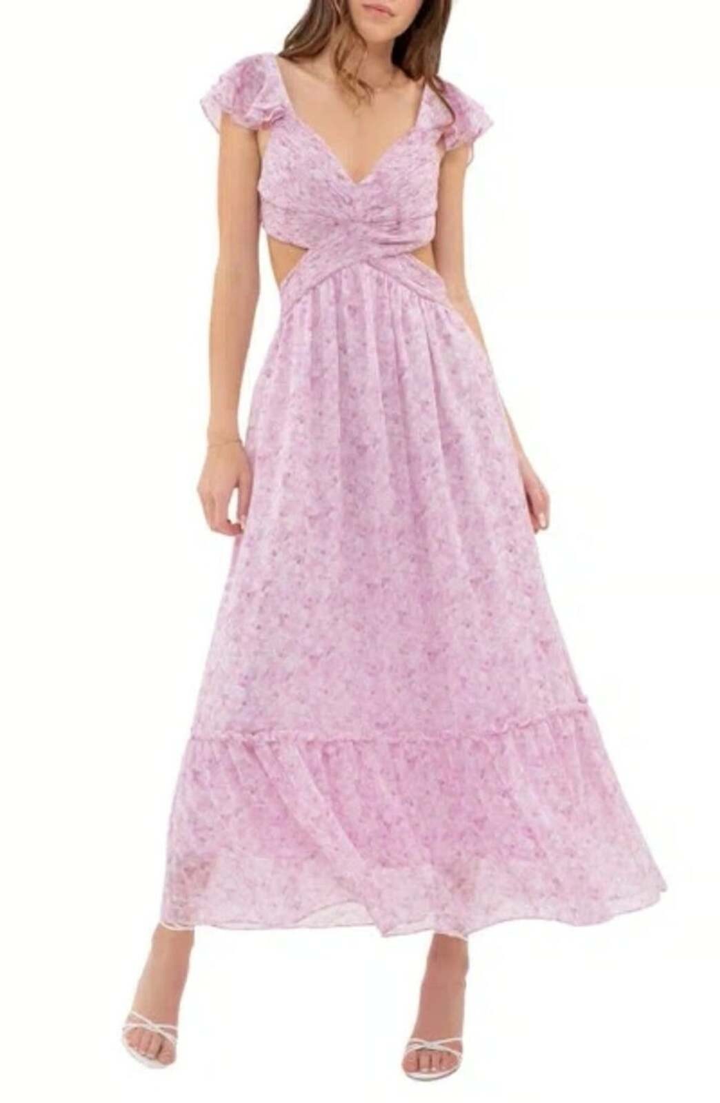 Pink Flutter Sleeve Maxi Dress with Cut-Out Detail