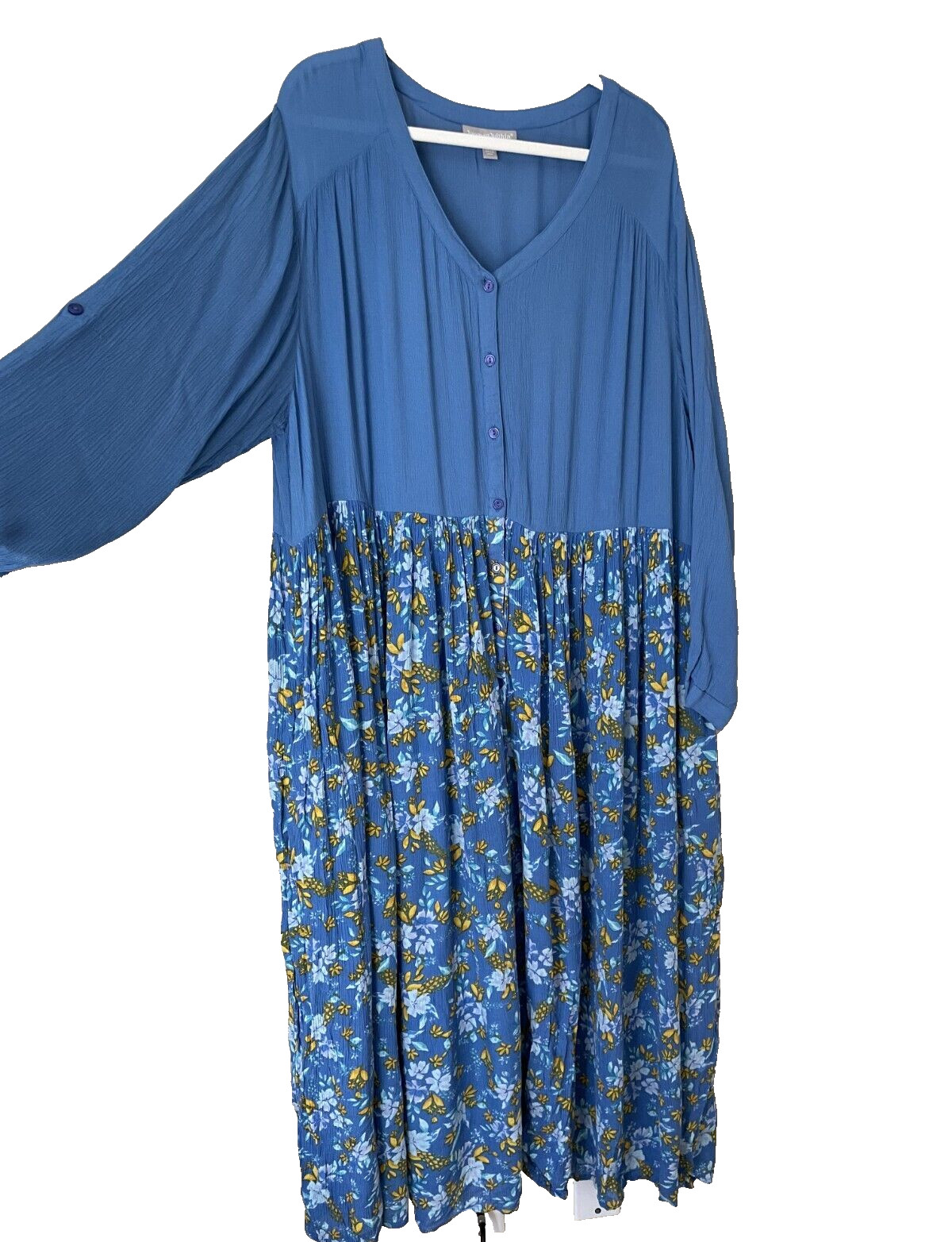 Woman Within Blue Yellow Floral Maxi Button Front Cottage Boho Modest Size 28W