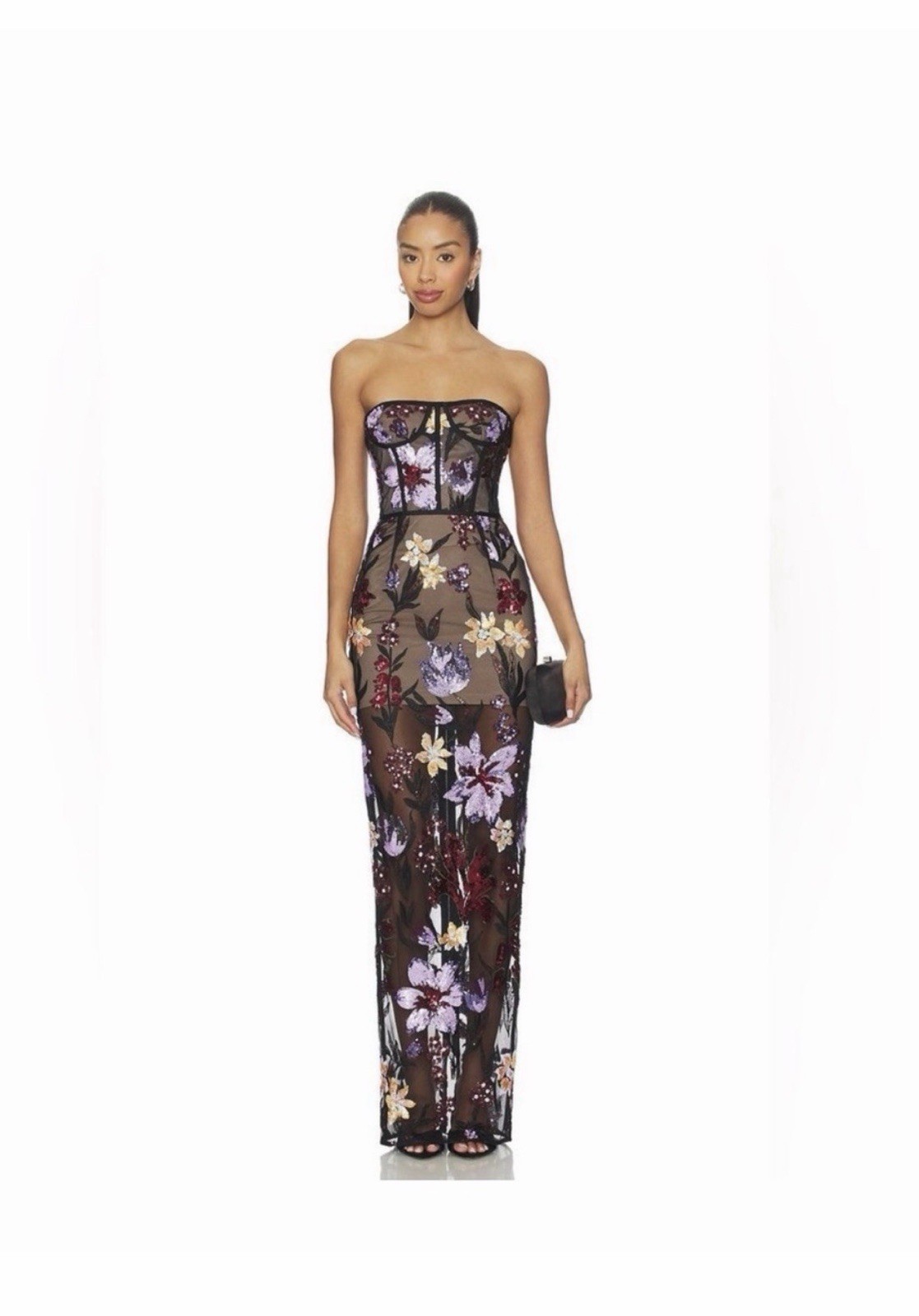 Bronx and Banco Dahlia Black & Purple Strapless Evening Dress Floral size Small