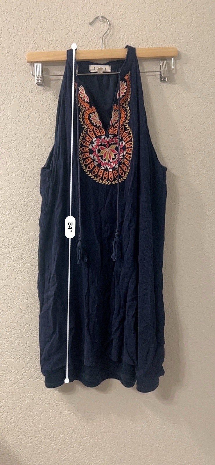 THML Navy Blue Embroidered Tassle Shift dress Women’s XL Crepe Boho
