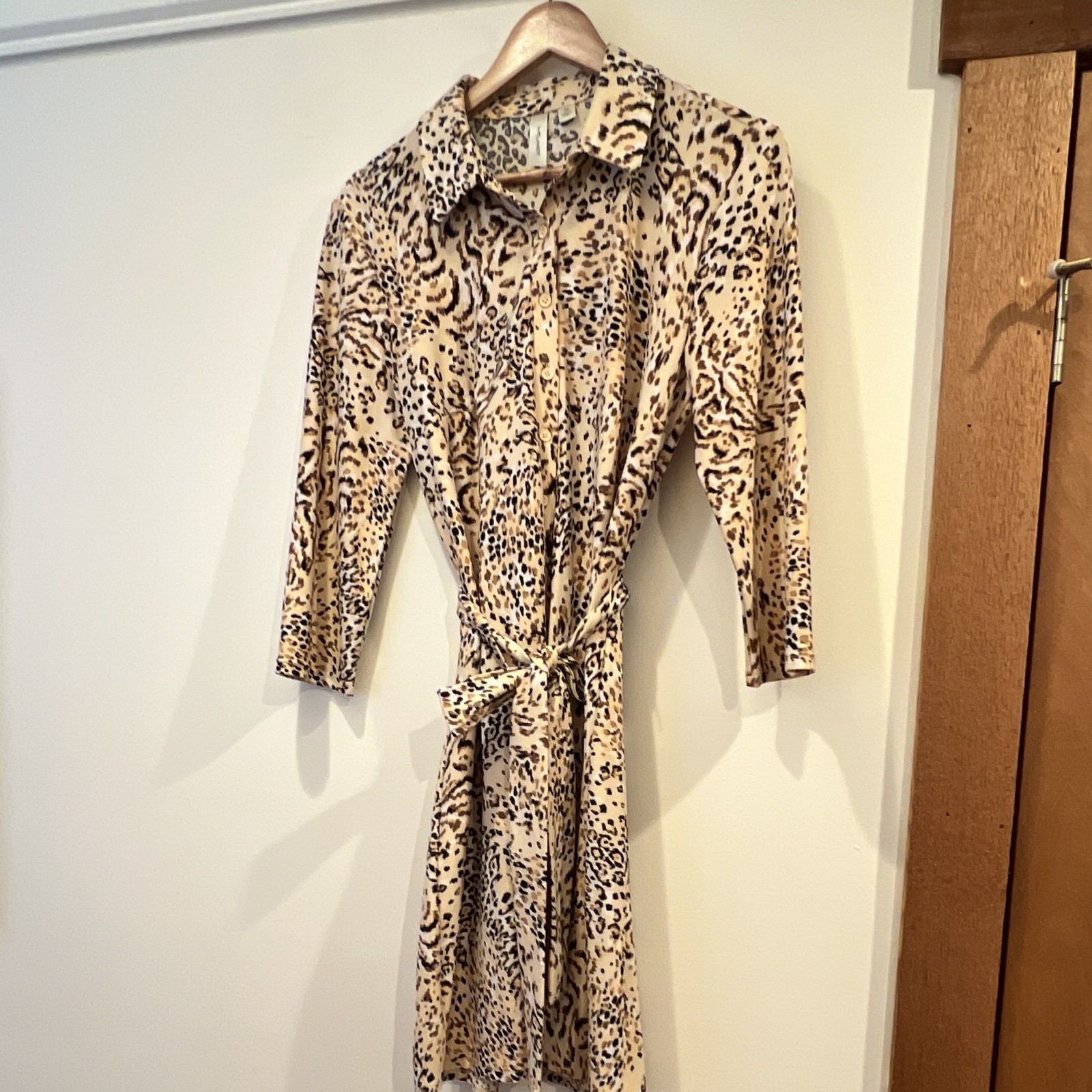 Tacera Size M Beige/Black/Brown Leopard Shirt Dress Belted Button 3/4 Sleeve