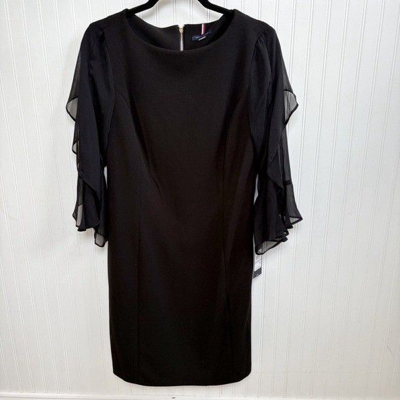 Tommy Hilfiger Solid Black 3/4 Ruffle Sleeve Sheath Dress Women’s Size 6 NEW