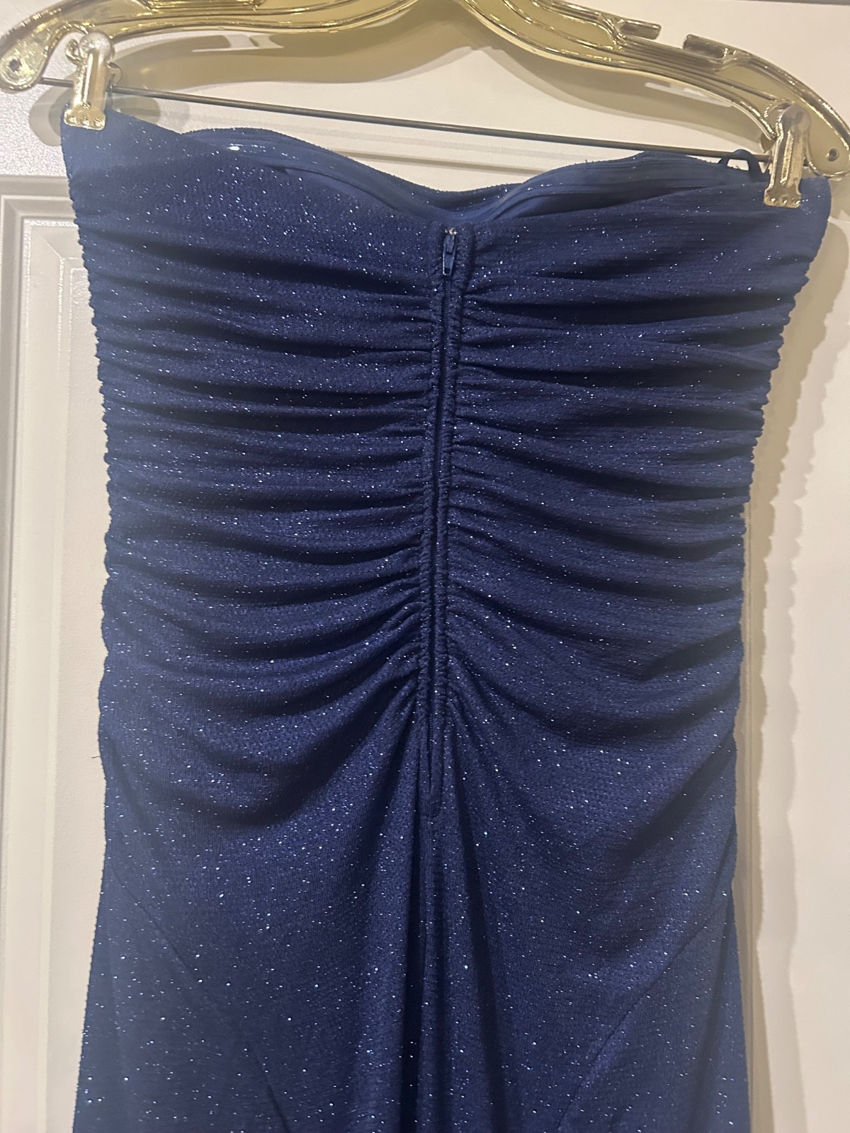 Windsor Strapless Navy Blue Glitter Prom Dress Size L Formal Gown Side Slit