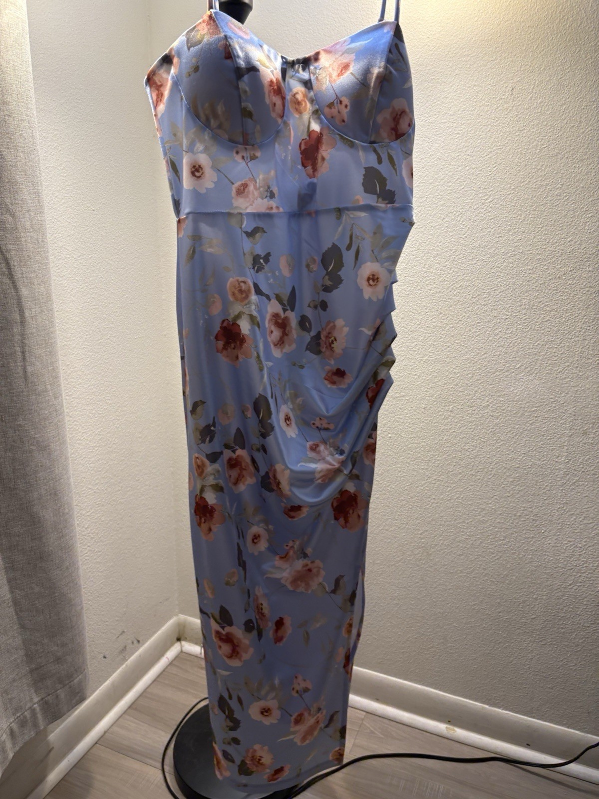 Women’s XL Regular Blue Pink White Floral Bodycon Long Dress Spaghetti Straps