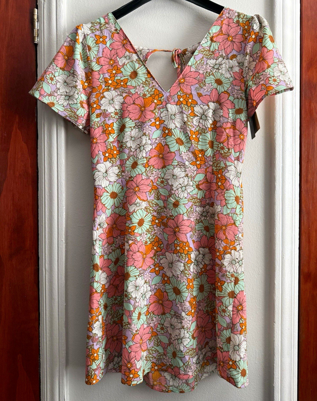 VERO MODA Multicolor Floral V-Neck Keyhole Tie Back Knit Mini Dress S