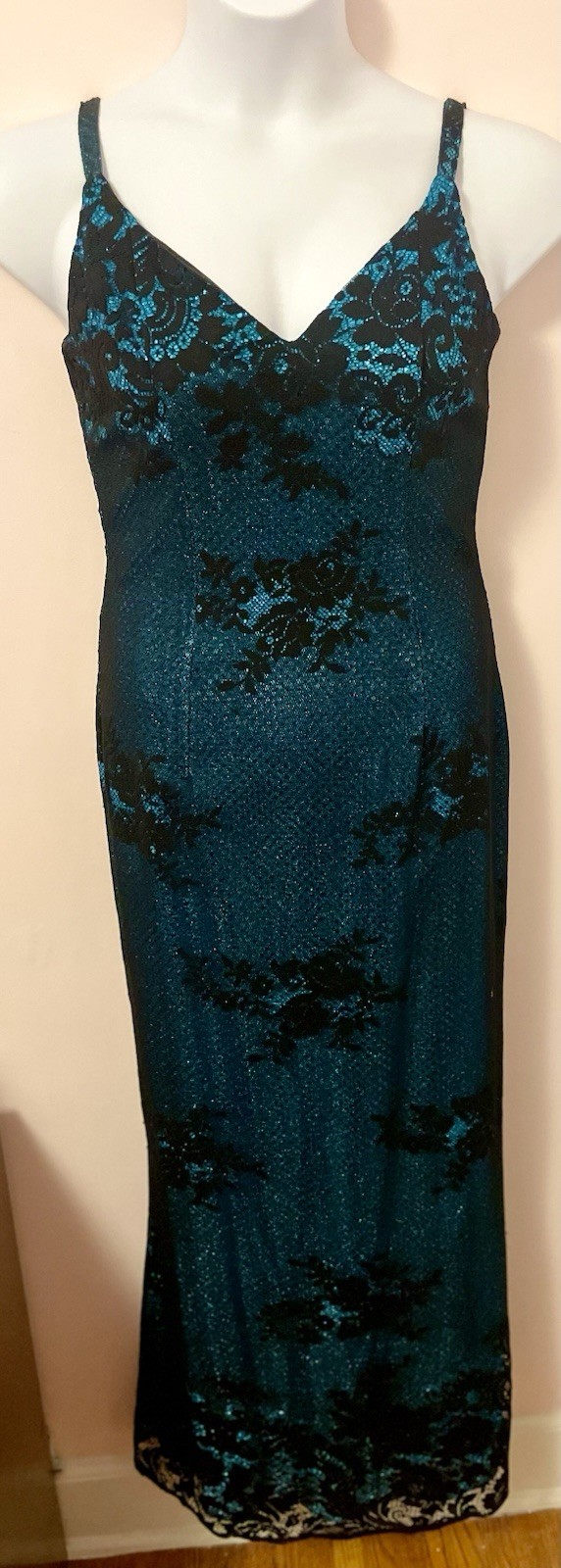 Vintage Donna by Antonio Enne Gown Size 8 Teal Black Lace Glitter Formal Dress