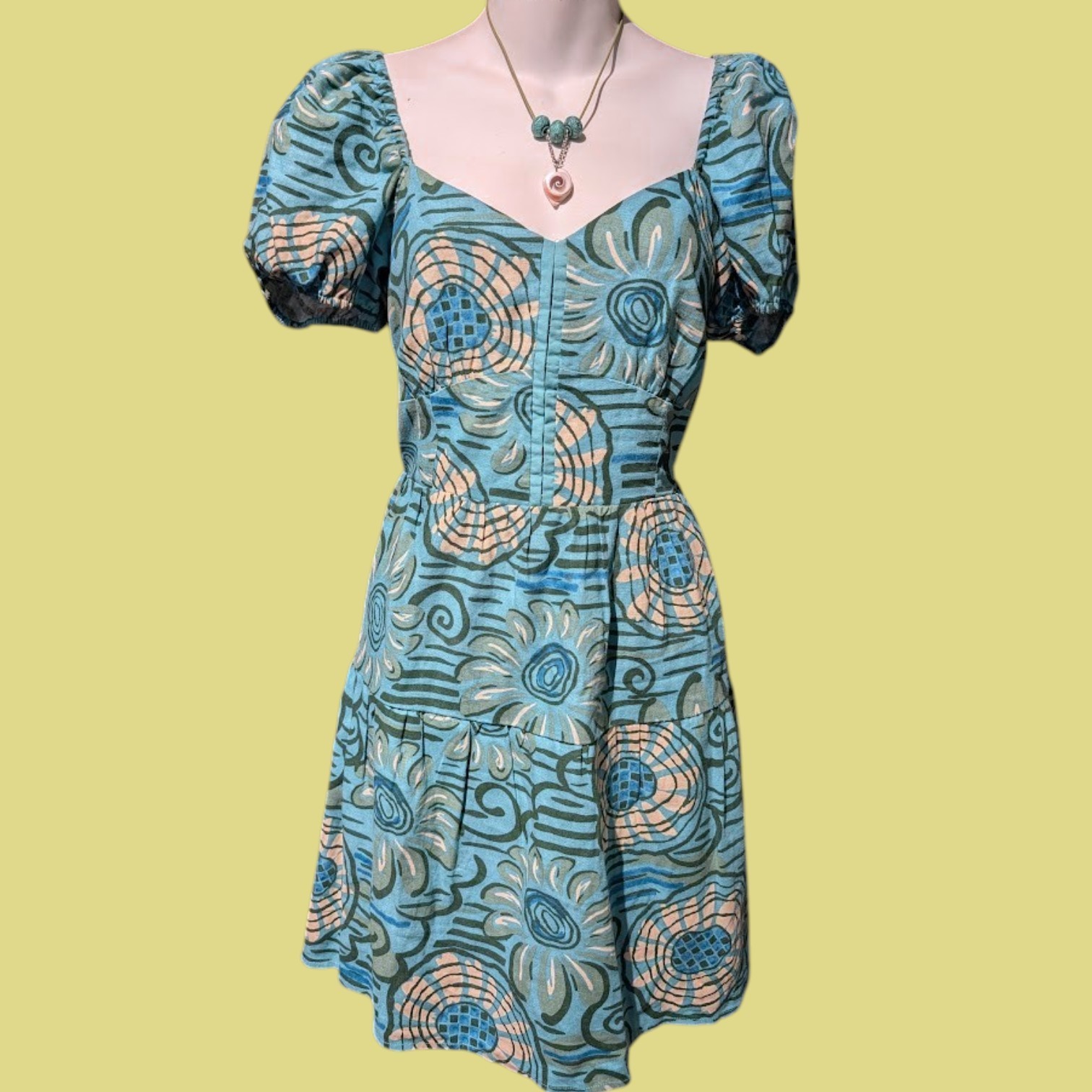 House Of Harlow 1960 Retro Linen Balloon Sleeve Smocked Sun Dress & Necklace 4I