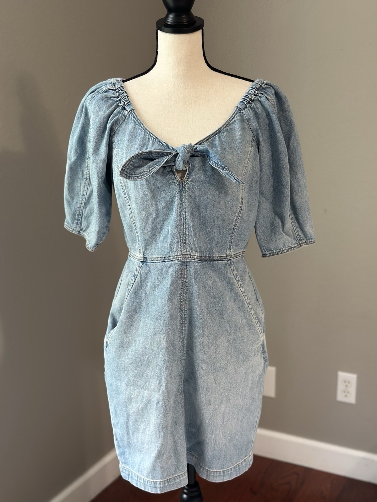 Blue Western Denim V-Neck Front Bow Ruched Sheath Dress Puff Half Sleeve Sz M