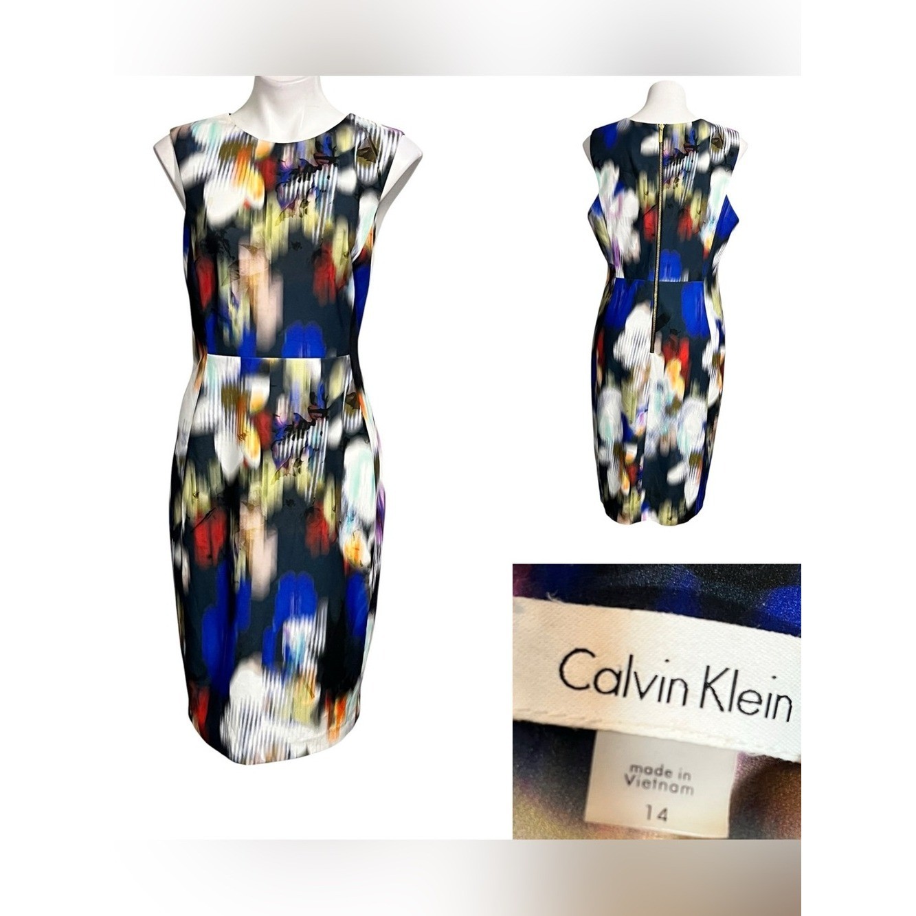Calvin Klein Black Multicolor Abstract Cap-Sleeve Sheath Dress