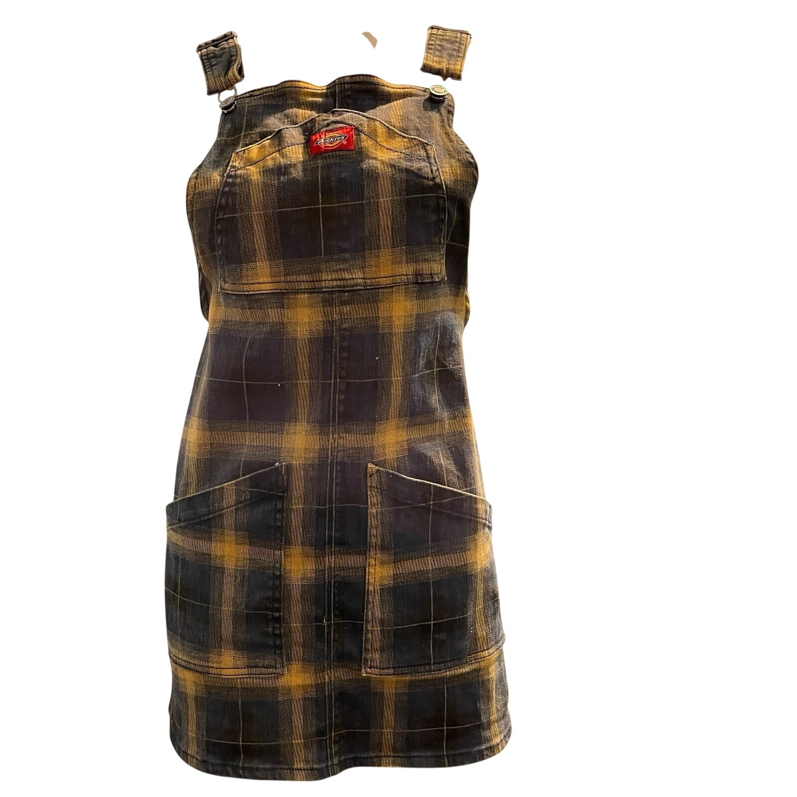 Dickies Overall Jumper Mini Dress Black Brown Tarten Plaid M Workwear Country