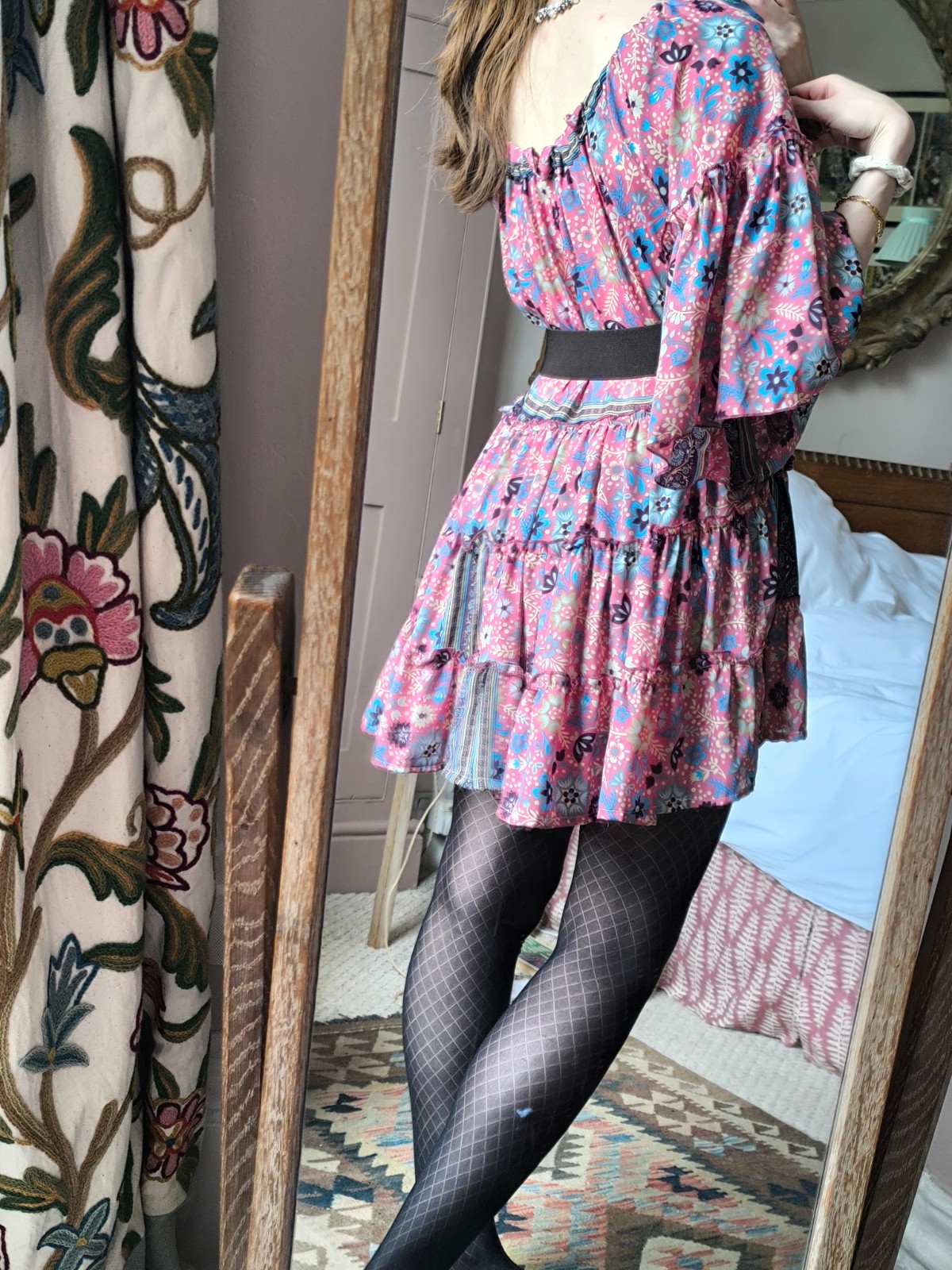 BOHO 70% SILK Flared Flounce Sleeve Tiered Tunic Paisley Mini Dress 8 10 12 14